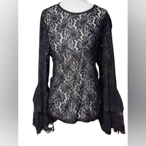 New "NWT" Wo Wo Elegant Black Lace Women's Top long sleeves ruffled at cuffs, XL